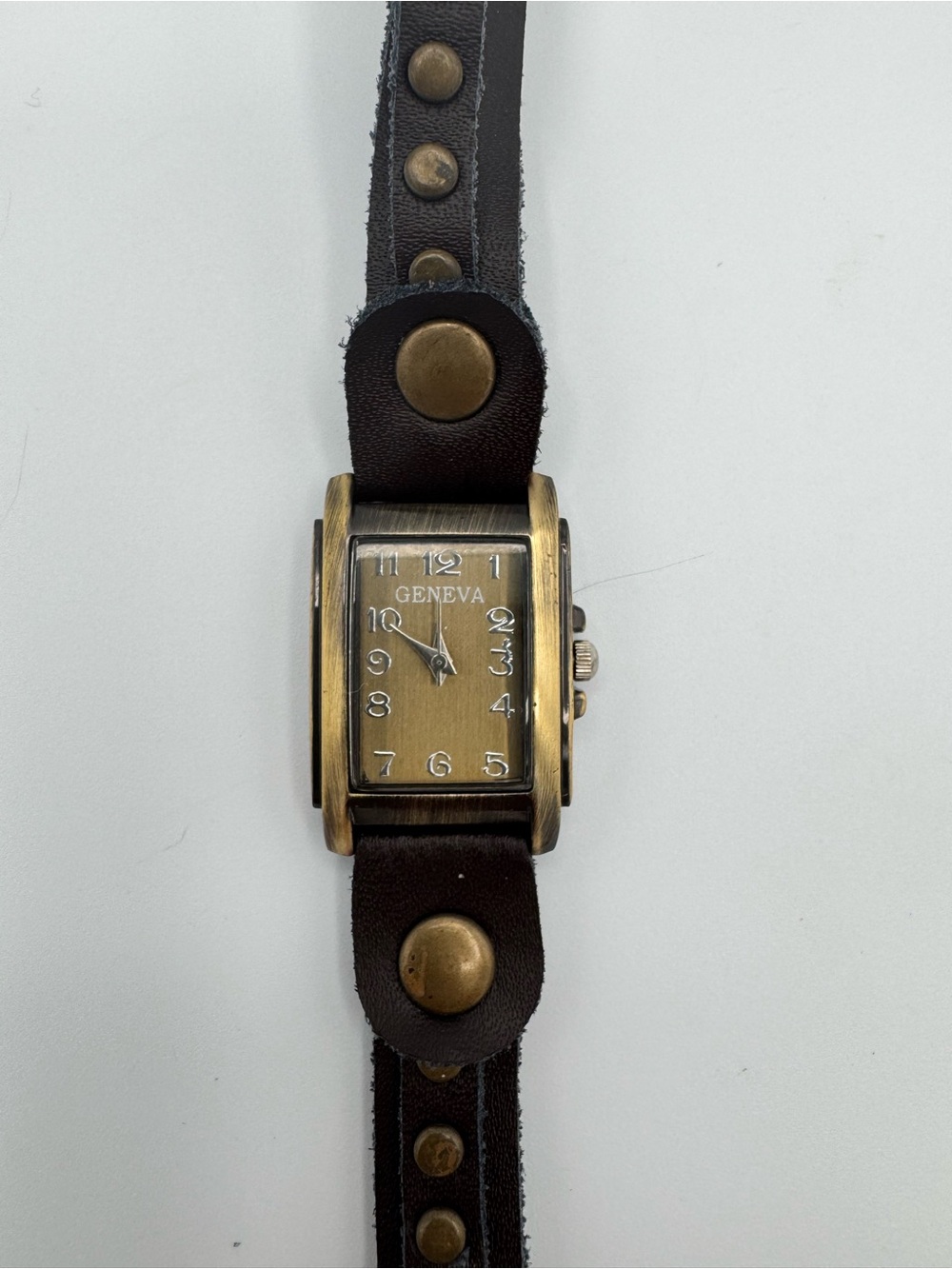 Geneva Brass-Tone Rectangular Watch with Dark Brown Leather Strap